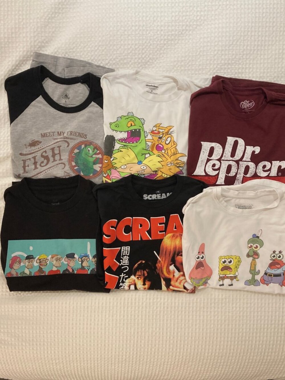 Lot of 6 Men's Graphic Tees Size Small (Youth XL) - Sponge Bob, Dr. Pepper